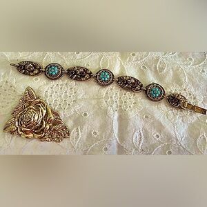 Gold Rose Motif Brooch with Turquoise Accent Bracelet